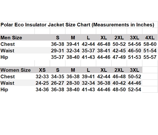 Polar Eco Jacket Size Chart