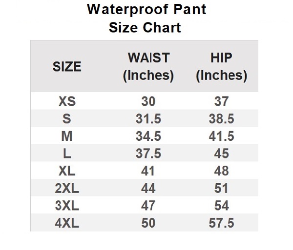 Waterproof Pant Size Chart