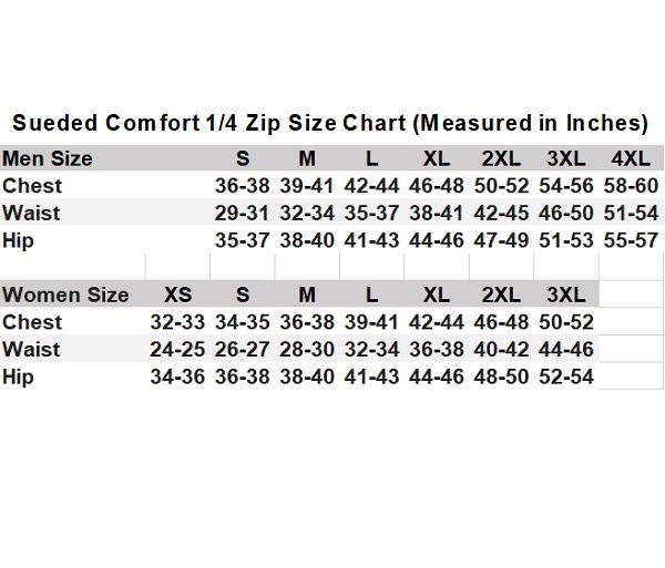 Sueded Quarter Zip and Pico Puff Vest Size Chart